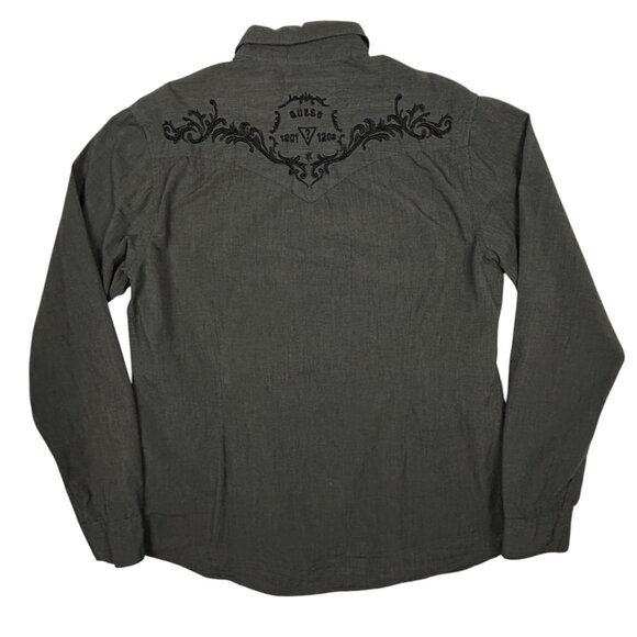 Guess Shirt Mens L Pearl Snaps Embroidered Grey Contrast Trim Western Cowboy - Picture 7 of 15
